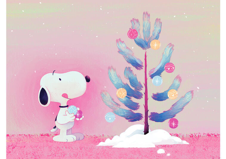 Snoopy decorating his tree